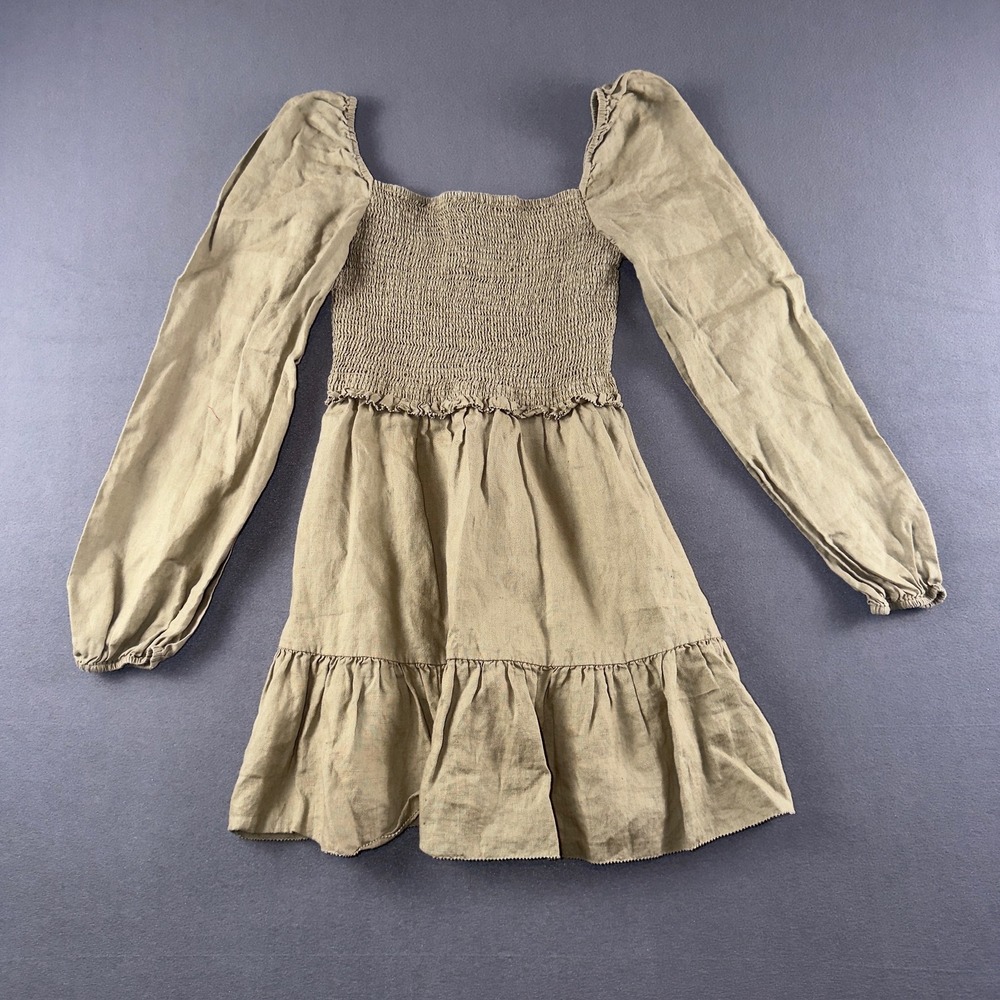 Quince Women 100% European Linen Smocked Mini Dress Olive Green XS Long Sleeve